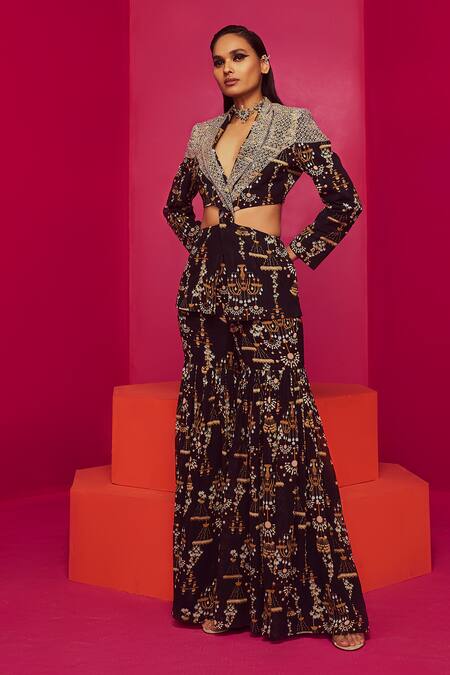 Krisha Sunny Ramani_Black Georgette Beads, Sequins Chandelier Print Blazer And Gharara Set _Online_at_Aza_Fashions