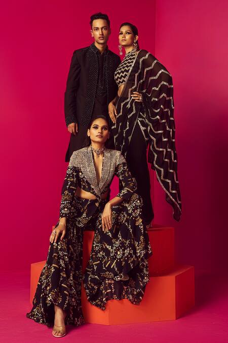 Buy_Krisha Sunny Ramani_Black Georgette Beads, Sequins Chandelier Print Blazer And Gharara Set _Online_at_Aza_Fashions