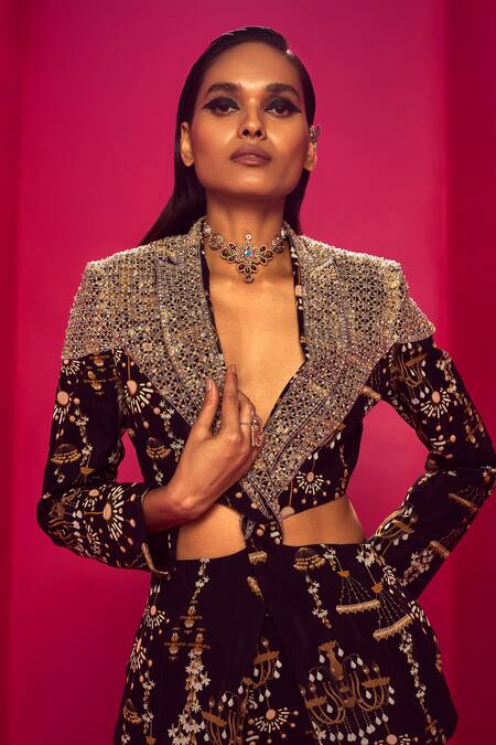 Krisha Sunny Ramani_Black Georgette Beads, Sequins Chandelier Print Blazer And Gharara Set _at_Aza_Fashions