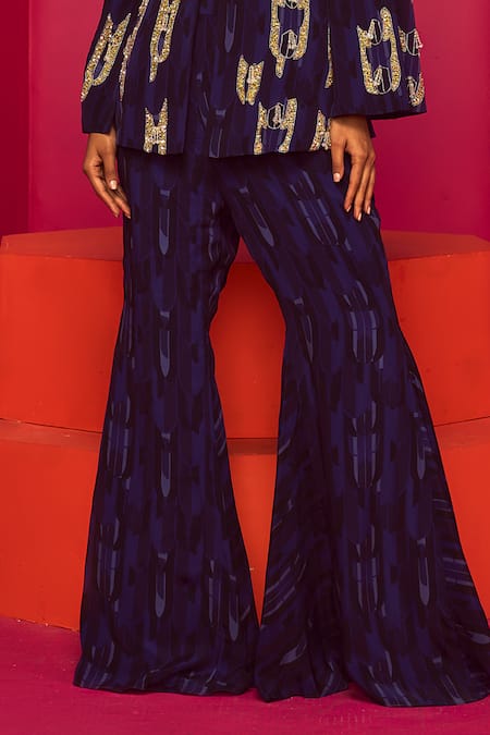 Krisha Sunny Ramani Blue Crepe Sequins, Beads Geometric Print Blazer And Pant Set Online at Aza Fashions Krisha Sunny Ramani_Blue Crepe Sequins, Beads Geometric Print Blazer And Pant Set _Online_at_Aza_Fashions