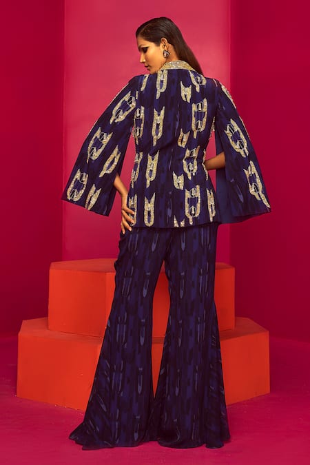 Shop Krisha Sunny Ramani Blue Crepe Sequins, Beads Geometric Print Blazer And Pant Set at Aza Fashions Shop_Krisha Sunny Ramani_Blue Crepe Sequins, Beads Geometric Print Blazer And Pant Set _at_Aza_Fashions