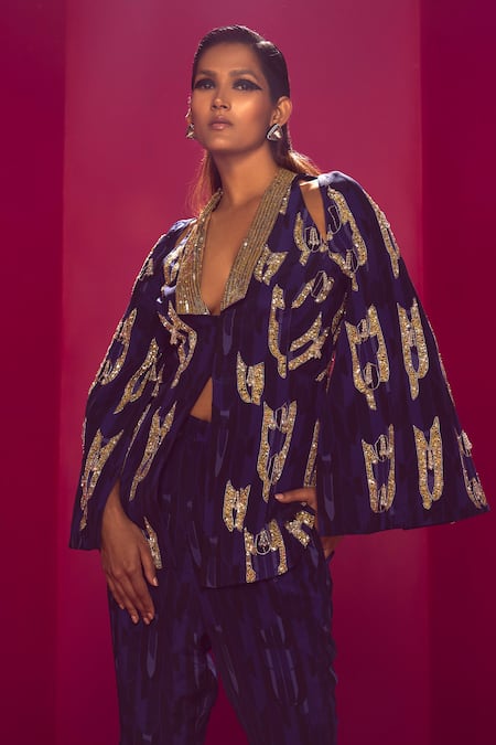 Buy Krisha Sunny Ramani Blue Crepe Sequins, Beads Geometric Print Blazer And Pant Set Online at Aza Fashions Buy_Krisha Sunny Ramani_Blue Crepe Sequins, Beads Geometric Print Blazer And Pant Set _Online_at_Aza_Fashions