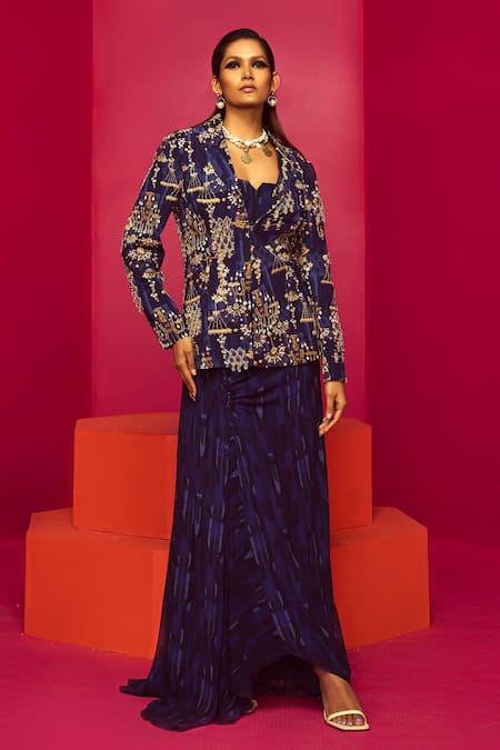 Krisha sunny Ramani Blue Georgette Printed Chandelier Embroidered Blazer Dhoti Skirt Set 