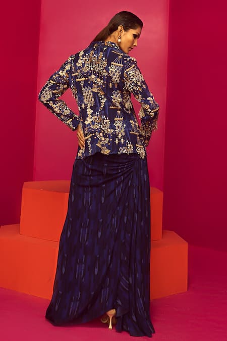 Shop Krisha Sunny Ramani Blue Crepe, Georgette Crystals, Cut Work Embroidered Blazer Dhoti Skirt Set at Aza Fashions Shop_Krisha Sunny Ramani_Blue Crepe, Georgette Crystals, Cut Work Embroidered Blazer Dhoti Skirt Set _at_Aza_Fashions