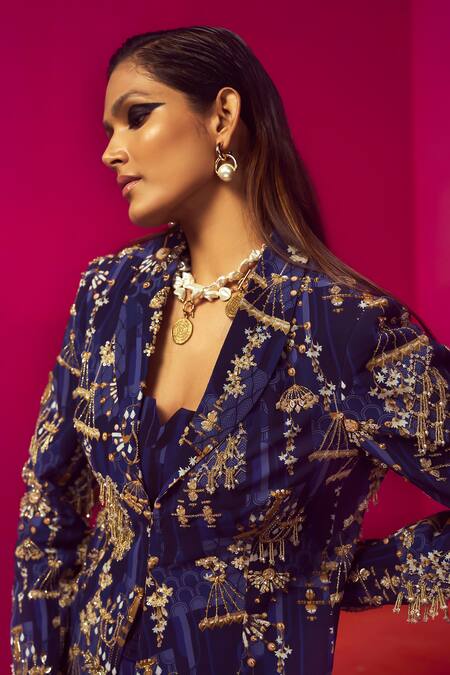 Buy Krisha Sunny Ramani Blue Crepe, Georgette Crystals, Cut Work Embroidered Blazer Dhoti Skirt Set Online at Aza Fashions Buy_Krisha Sunny Ramani_Blue Crepe, Georgette Crystals, Cut Work Embroidered Blazer Dhoti Skirt Set _Online_at_Aza_Fashions
