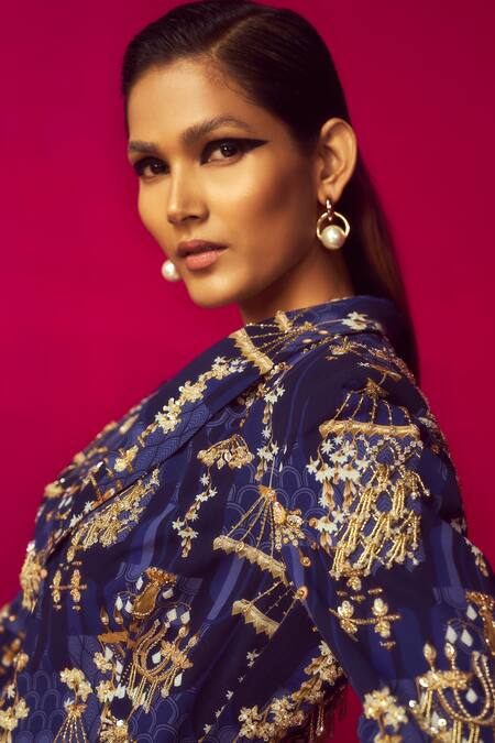 Shop Krisha Sunny Ramani Blue Crepe, Georgette Crystals, Cut Work Embroidered Blazer Dhoti Skirt Set Online at Aza Fashions Shop_Krisha Sunny Ramani_Blue Crepe, Georgette Crystals, Cut Work Embroidered Blazer Dhoti Skirt Set _Online_at_Aza_Fashions