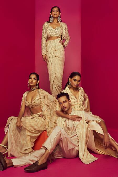 Shop Krisha Sunny Ramani Ivory Crepe, Georgette Sequins, Beads Chandelier Print Cape Dhoti Skirt Set Online at Aza Fashions Shop_Krisha Sunny Ramani_Ivory Crepe, Georgette Sequins, Beads Chandelier Print Cape Dhoti Skirt Set _Online_at_Aza_Fashions