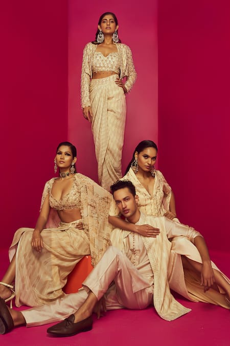 Shop Krisha Sunny Ramani Ivory Crepe, Georgette Sequins, Beads Floral Print Blazer And Dhoti Skirt Set Online at Aza Fashions Shop_Krisha Sunny Ramani_Ivory Crepe, Georgette Sequins, Beads Floral Print Blazer And Dhoti Skirt Set _Online_at_Aza_Fashions