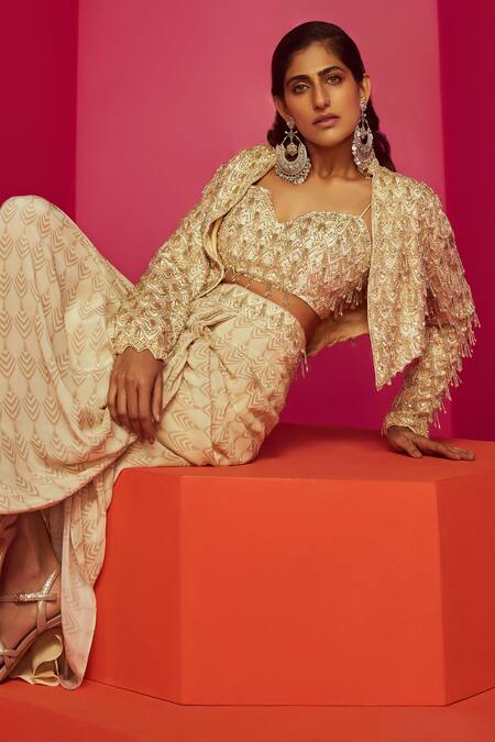 Shop Krisha Sunny Ramani Ivory Crepe, Georgette Sequins, Crystals, Embellished Jacket Dhoti Skirt Set Online at Aza Fashions Shop_Krisha Sunny Ramani_Ivory Crepe, Georgette Sequins, Crystals, Embellished Jacket Dhoti Skirt Set _Online_at_Aza_Fashions