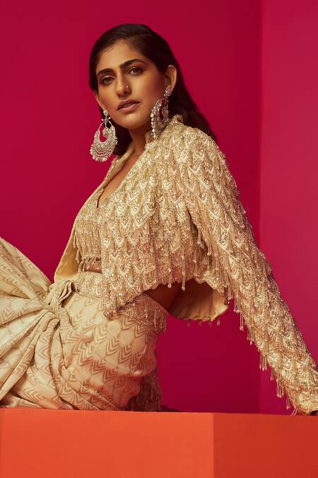 Buy Krisha Sunny Ramani Ivory Crepe, Georgette Sequins, Crystals, Embellished Jacket Dhoti Skirt Set Buy_Krisha Sunny Ramani_Ivory Crepe, Georgette Sequins, Crystals, Embellished Jacket Dhoti Skirt Set