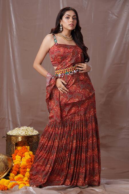 Amani_Orange Crepe, Silk Beads, Sequins, Vintage Print Pre-draped Saree With Blouse_Online_at_Aza_Fashions