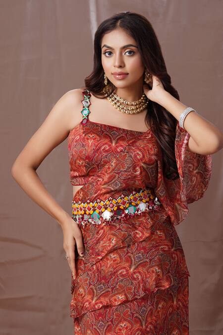 Amani_Orange Crepe, Silk Beads, Sequins, Vintage Print Pre-draped Saree With Blouse_at_Aza_Fashions