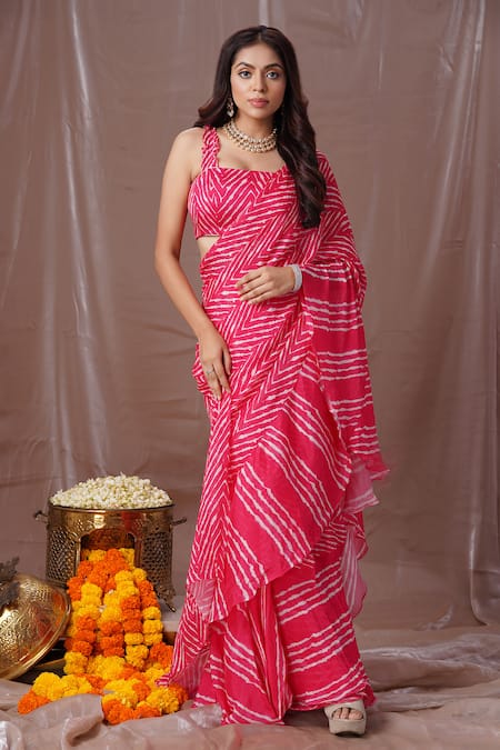 Amani Leheriya Print Pre-Draped Saree With Blouse 