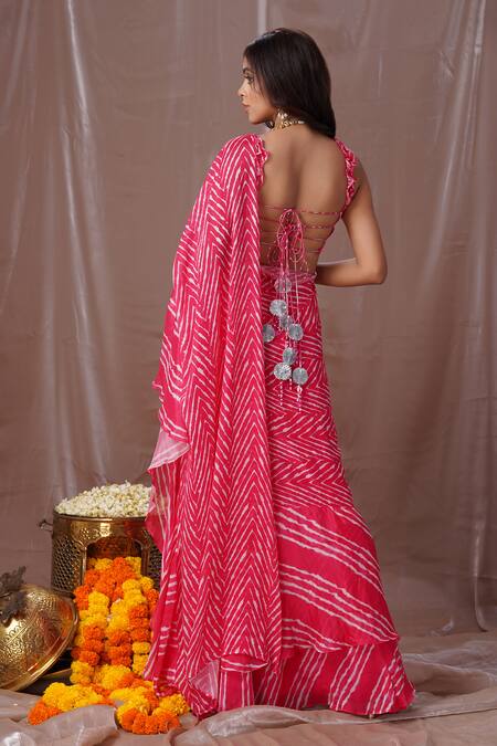 Shop Amani Pink Silk, Crepe Tassels Square Neck Leheriya Print Pre-draped Saree With Blouse at Aza Fashions Shop_Amani_Pink Silk, Crepe Tassels Square Neck Leheriya Print Pre-draped Saree With Blouse_at_Aza_Fashions