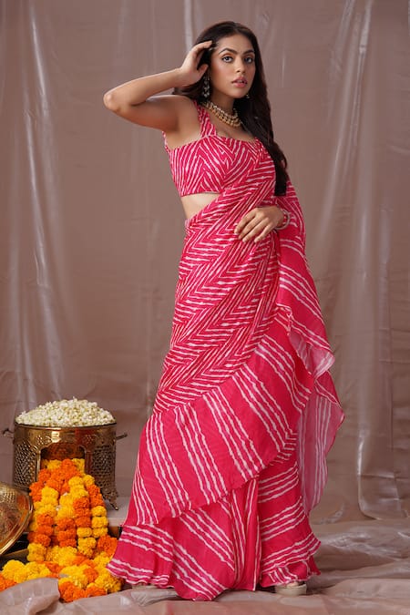 Amani Pink Silk, Crepe Tassels Square Neck Leheriya Print Pre-draped Saree With Blouse Online at Aza Fashions Amani_Pink Silk, Crepe Tassels Square Neck Leheriya Print Pre-draped Saree With Blouse_Online_at_Aza_Fashions