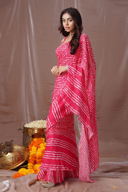 Buy Amani Pink Silk, Crepe Tassels Square Neck Leheriya Print Pre-draped Saree With Blouse Online at Aza Fashions Buy_Amani_Pink Silk, Crepe Tassels Square Neck Leheriya Print Pre-draped Saree With Blouse_Online_at_Aza_Fashions