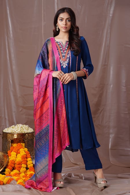 Amani Blue Satin Silk Printed And Hand Thread & Mirror Anarkali Set  