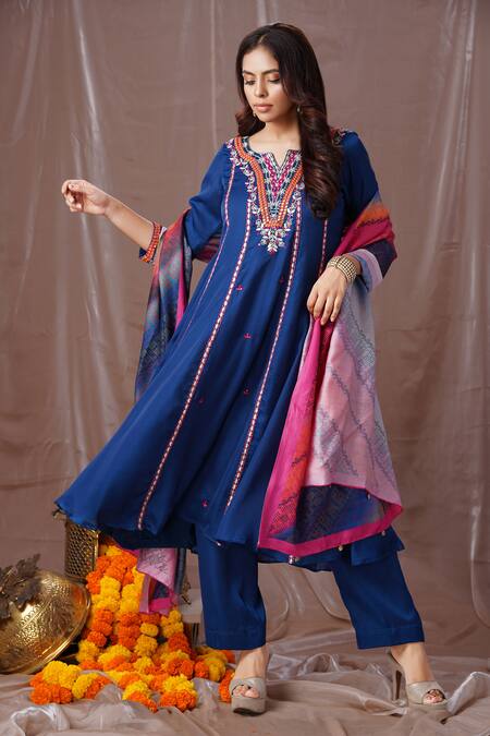 Buy_Amani_Blue Satin, Silk Mirrors, Embroidery, Sequins Round Neck Thread And Anarkali Set_Online_at_Aza_Fashions