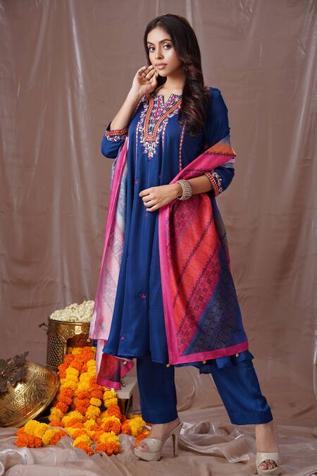 Shop_Amani_Blue Satin, Silk Mirrors, Embroidery, Sequins Round Neck Thread And Anarkali Set_Online_at_Aza_Fashions
