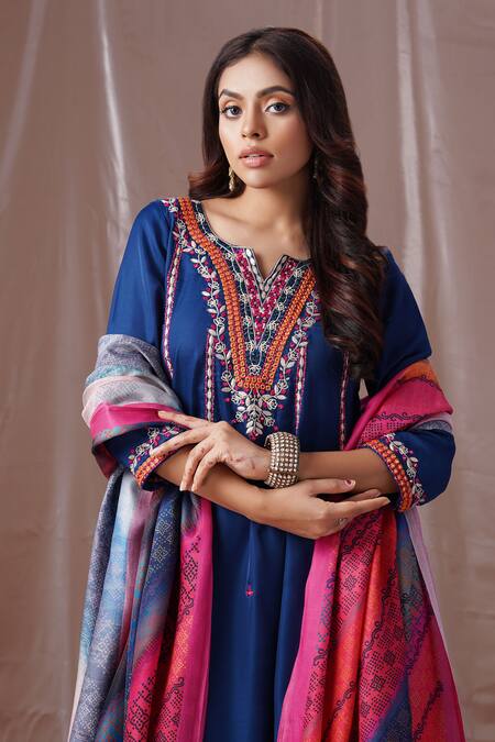Amani_Blue Satin, Silk Mirrors, Embroidery, Sequins Round Neck Thread And Anarkali Set_at_Aza_Fashions
