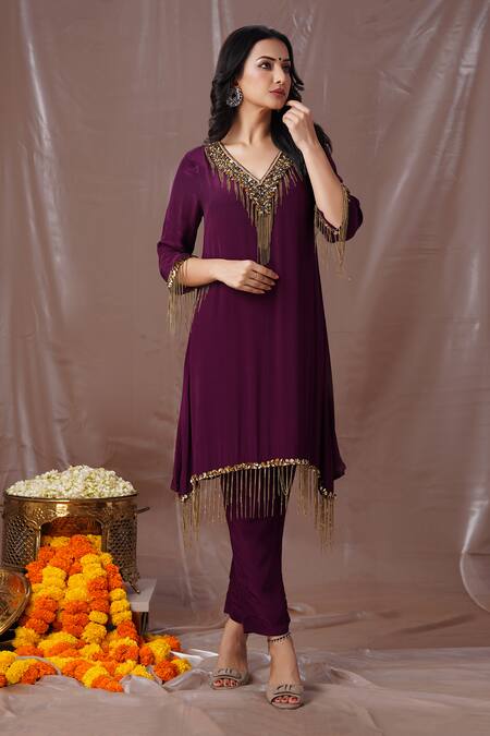 Shop Amani Purple Crepe, Silk Sequins, Beads, Stones Embroidered Yoke Kurta And Pant Set at Aza Fashions Shop_Amani_Purple Crepe, Silk Sequins, Beads, Stones Embroidered Yoke Kurta And Pant Set_at_Aza_Fashions