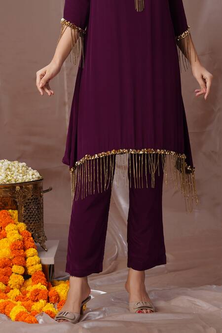 Amani Purple Crepe, Silk Sequins, Beads, Stones Embroidered Yoke Kurta And Pant Set Online at Aza Fashions Amani_Purple Crepe, Silk Sequins, Beads, Stones Embroidered Yoke Kurta And Pant Set_Online_at_Aza_Fashions