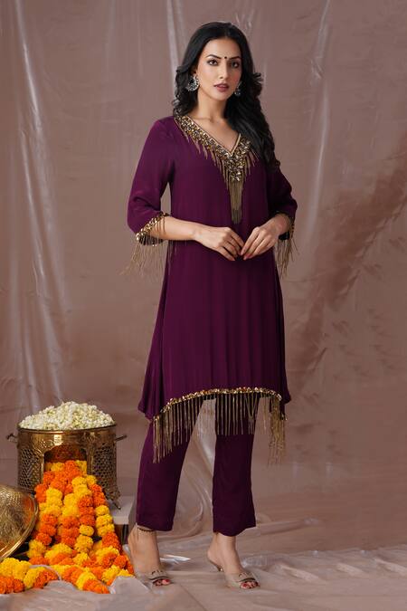 Buy Amani Purple Crepe, Silk Sequins, Beads, Stones Embroidered Yoke Kurta And Pant Set Online at Aza Fashions Buy_Amani_Purple Crepe, Silk Sequins, Beads, Stones Embroidered Yoke Kurta And Pant Set_Online_at_Aza_Fashions