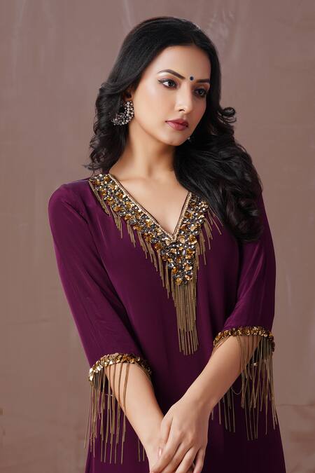 Shop Amani Purple Crepe, Silk Sequins, Beads, Stones Embroidered Yoke Kurta And Pant Set Online at Aza Fashions Shop_Amani_Purple Crepe, Silk Sequins, Beads, Stones Embroidered Yoke Kurta And Pant Set_Online_at_Aza_Fashions