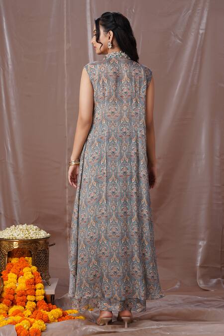 Shop Amani Blue Crepe, Silk Crystals, Beads, Stones Vintage Print Jacket Draped Skirt Set at Aza Fashions Shop_Amani_Blue Crepe, Silk Crystals, Beads, Stones Vintage Print Jacket Draped Skirt Set_at_Aza_Fashions