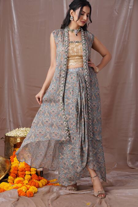 Amani Blue Crepe, Silk Crystals, Beads, Stones Vintage Print Jacket Draped Skirt Set Online at Aza Fashions Amani_Blue Crepe, Silk Crystals, Beads, Stones Vintage Print Jacket Draped Skirt Set_Online_at_Aza_Fashions