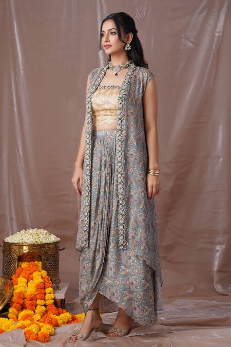 Buy Amani Blue Crepe, Silk Crystals, Beads, Stones Vintage Print Jacket Draped Skirt Set Online at Aza Fashions Buy_Amani_Blue Crepe, Silk Crystals, Beads, Stones Vintage Print Jacket Draped Skirt Set_Online_at_Aza_Fashions