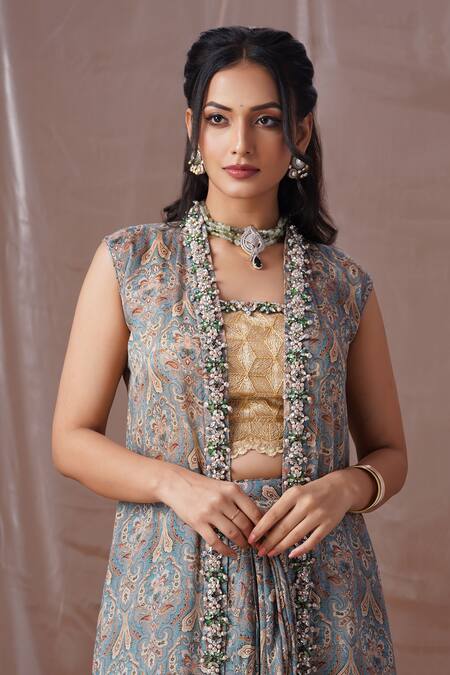 Shop Amani Blue Crepe, Silk Crystals, Beads, Stones Vintage Print Jacket Draped Skirt Set Online at Aza Fashions Shop_Amani_Blue Crepe, Silk Crystals, Beads, Stones Vintage Print Jacket Draped Skirt Set_Online_at_Aza_Fashions