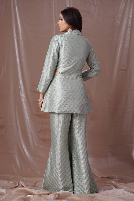 Shop_Amani_Blue Silk, Brocade Beads, Stones Square Neck Floral Pattern Blazer Pant Set_at_Aza_Fashions