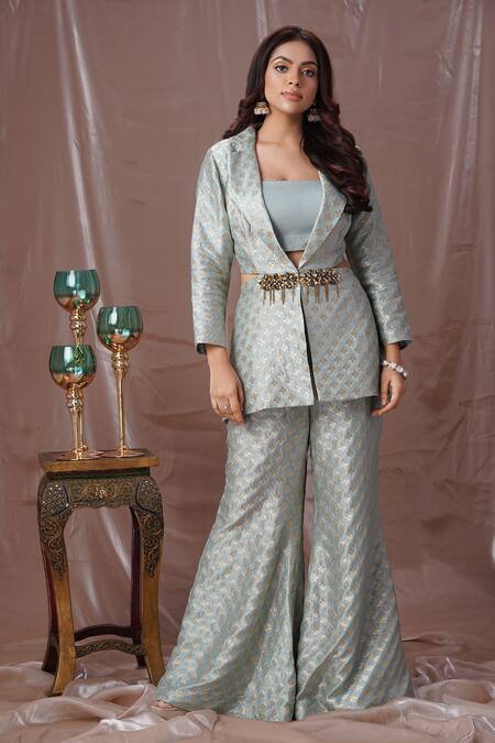 Amani_Blue Silk, Brocade Beads, Stones Square Neck Floral Pattern Blazer Pant Set_Online_at_Aza_Fashions