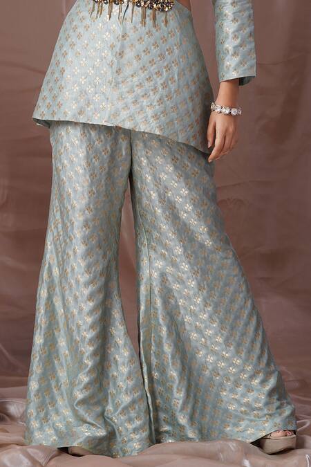 Buy_Amani_Blue Silk, Brocade Beads, Stones Square Neck Floral Pattern Blazer Pant Set_Online_at_Aza_Fashions