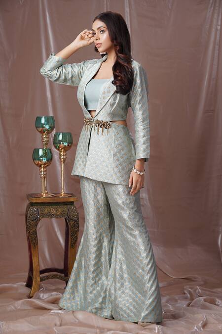 Shop_Amani_Blue Silk, Brocade Beads, Stones Square Neck Floral Pattern Blazer Pant Set_Online_at_Aza_Fashions