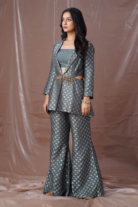 Shop Amani Grey Silk, Brocade Beads, Stones Square Neck Floral Pattern Blazer Pant Set at Aza Fashions Shop_Amani_Grey Silk, Brocade Beads, Stones Square Neck Floral Pattern Blazer Pant Set_at_Aza_Fashions