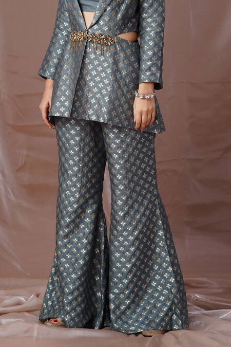 Amani Grey Silk, Brocade Beads, Stones Square Neck Floral Pattern Blazer Pant Set Online at Aza Fashions Amani_Grey Silk, Brocade Beads, Stones Square Neck Floral Pattern Blazer Pant Set_Online_at_Aza_Fashions