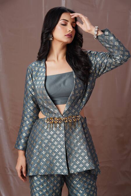 Buy Amani Grey Silk, Brocade Beads, Stones Square Neck Floral Pattern Blazer Pant Set Online at Aza Fashions Buy_Amani_Grey Silk, Brocade Beads, Stones Square Neck Floral Pattern Blazer Pant Set_Online_at_Aza_Fashions
