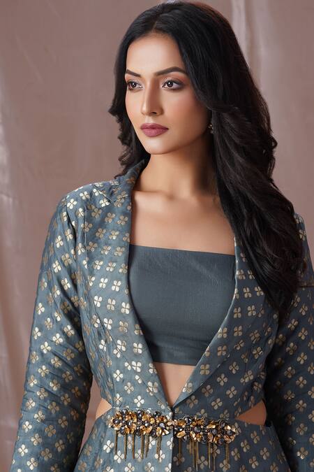 Shop Amani Grey Silk, Brocade Beads, Stones Square Neck Floral Pattern Blazer Pant Set Online at Aza Fashions Shop_Amani_Grey Silk, Brocade Beads, Stones Square Neck Floral Pattern Blazer Pant Set_Online_at_Aza_Fashions