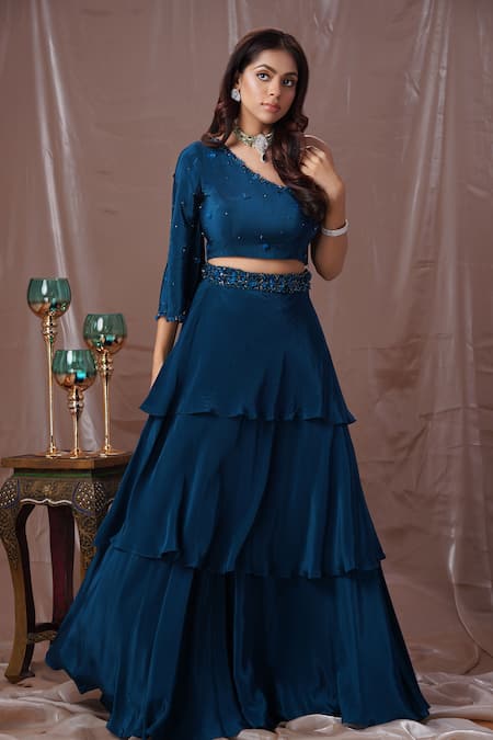 Amani Blue Crepe, Silk Sequins, Crystals, Beads Embellished Blouse And Tiered Skirt Set Online at Aza Fashions Amani_Blue Crepe, Silk Sequins, Crystals, Beads Embellished Blouse And Tiered Skirt Set _Online_at_Aza_Fashions