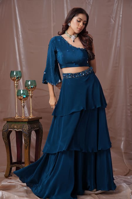 Buy Amani Blue Crepe, Silk Sequins, Crystals, Beads Embellished Blouse And Tiered Skirt Set Online at Aza Fashions Buy_Amani_Blue Crepe, Silk Sequins, Crystals, Beads Embellished Blouse And Tiered Skirt Set _Online_at_Aza_Fashions