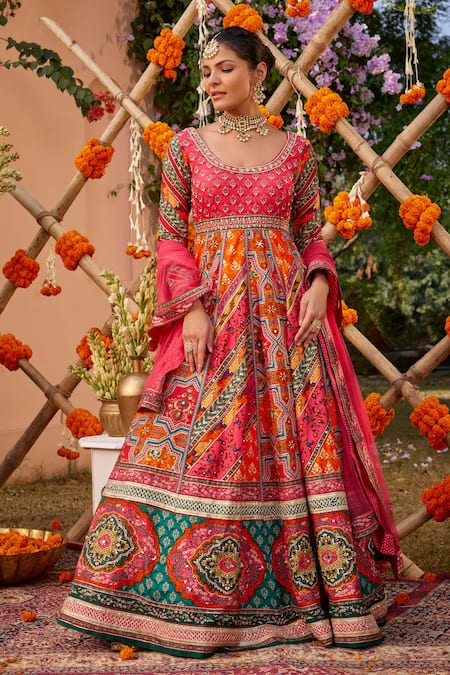 Kalista Multi Color Raw Silk Printed And Hand Adhaya Panelled Anarkali With Dupatta 