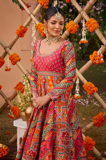 Shop Kalista Multi Color Silk Beads, Sequins Adhaya Printed Panelled Anarkali With Dupatta Online at Aza Fashions Shop_Kalista_Multi Color Silk Beads, Sequins Adhaya Printed Panelled Anarkali With Dupatta _Online_at_Aza_Fashions