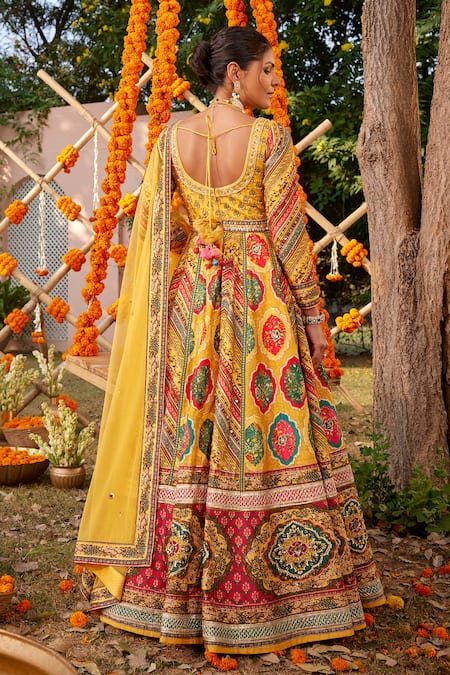 Shop Kalista Yellow Silk Beads, Sequins Round Neck Adhaya Printed Anarkali With Dupatta at Aza Fashions Shop_Kalista_Yellow Silk Beads, Sequins Round Neck Adhaya Printed Anarkali With Dupatta _at_Aza_Fashions