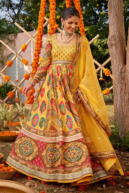 Kalista Yellow Silk Beads, Sequins Round Neck Adhaya Printed Anarkali With Dupatta Online at Aza Fashions Kalista_Yellow Silk Beads, Sequins Round Neck Adhaya Printed Anarkali With Dupatta _Online_at_Aza_Fashions