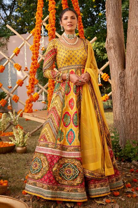 Buy Kalista Yellow Silk Beads, Sequins Round Neck Adhaya Printed Anarkali With Dupatta Online at Aza Fashions Buy_Kalista_Yellow Silk Beads, Sequins Round Neck Adhaya Printed Anarkali With Dupatta _Online_at_Aza_Fashions