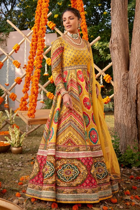 Shop Kalista Yellow Silk Beads, Sequins Round Neck Adhaya Printed Anarkali With Dupatta Online at Aza Fashions Shop_Kalista_Yellow Silk Beads, Sequins Round Neck Adhaya Printed Anarkali With Dupatta _Online_at_Aza_Fashions
