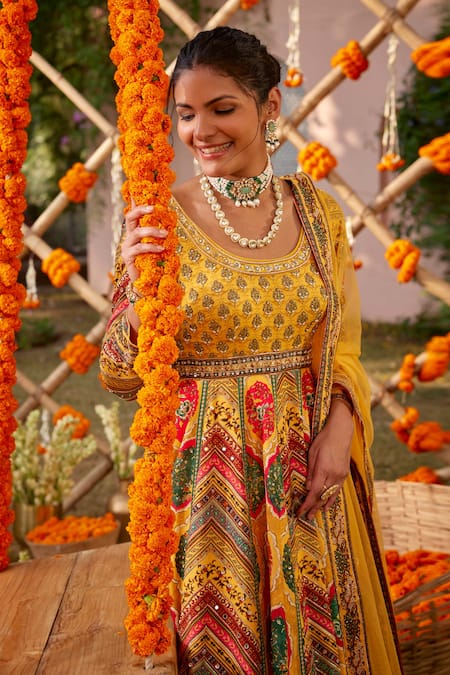 Kalista Yellow Silk Beads, Sequins Round Neck Adhaya Printed Anarkali With Dupatta at Aza Fashions Kalista_Yellow Silk Beads, Sequins Round Neck Adhaya Printed Anarkali With Dupatta _at_Aza_Fashions