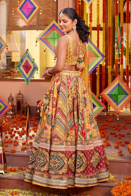 Shop_Kalista_Yellow Silk Sequins, Beads Round Neck Adhaya Mughal Print Lehenga Set _at_Aza_Fashions